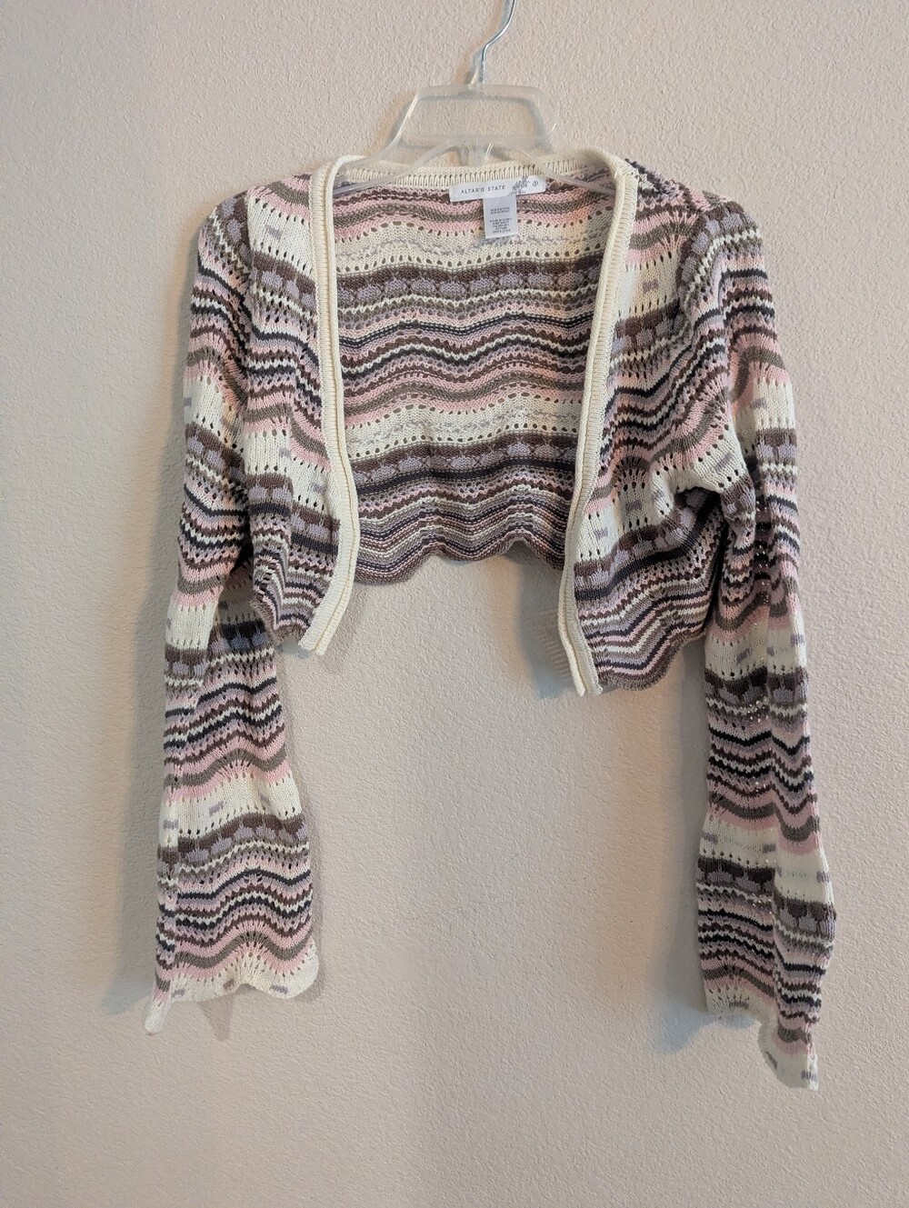 Altar'd State Pink, Cream & Brown Crochet Shrug